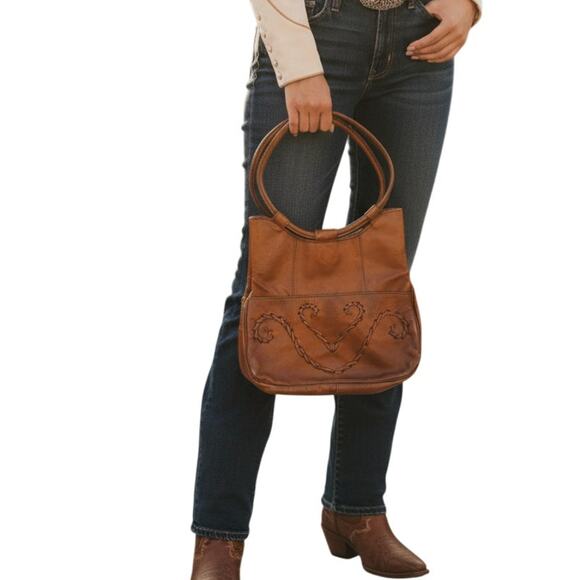 Vintage Handbags - Vintage 80s Cognac Leather Hobo Shoulder Bag Whipstitch Heart Embroidery